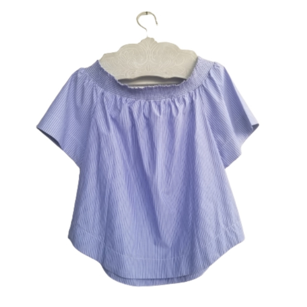 J. Crew Stripe Off Shoulder Blouse Size 12/Large Blue White Stripe - Picture 6 of 10